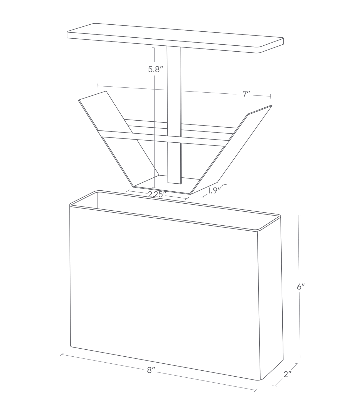 Dimensino image of Coffee Filter Case with a case height of 6 inches, case depth of 2 inches, and case width of 8 inches. The base of the coffee filter holder insert is 2.25 inches wide and 1.9 inches deep, and the height of the insert is 5.8 inches tall. The width between the two side panels of the filter holder insert at the top is 7 inches.