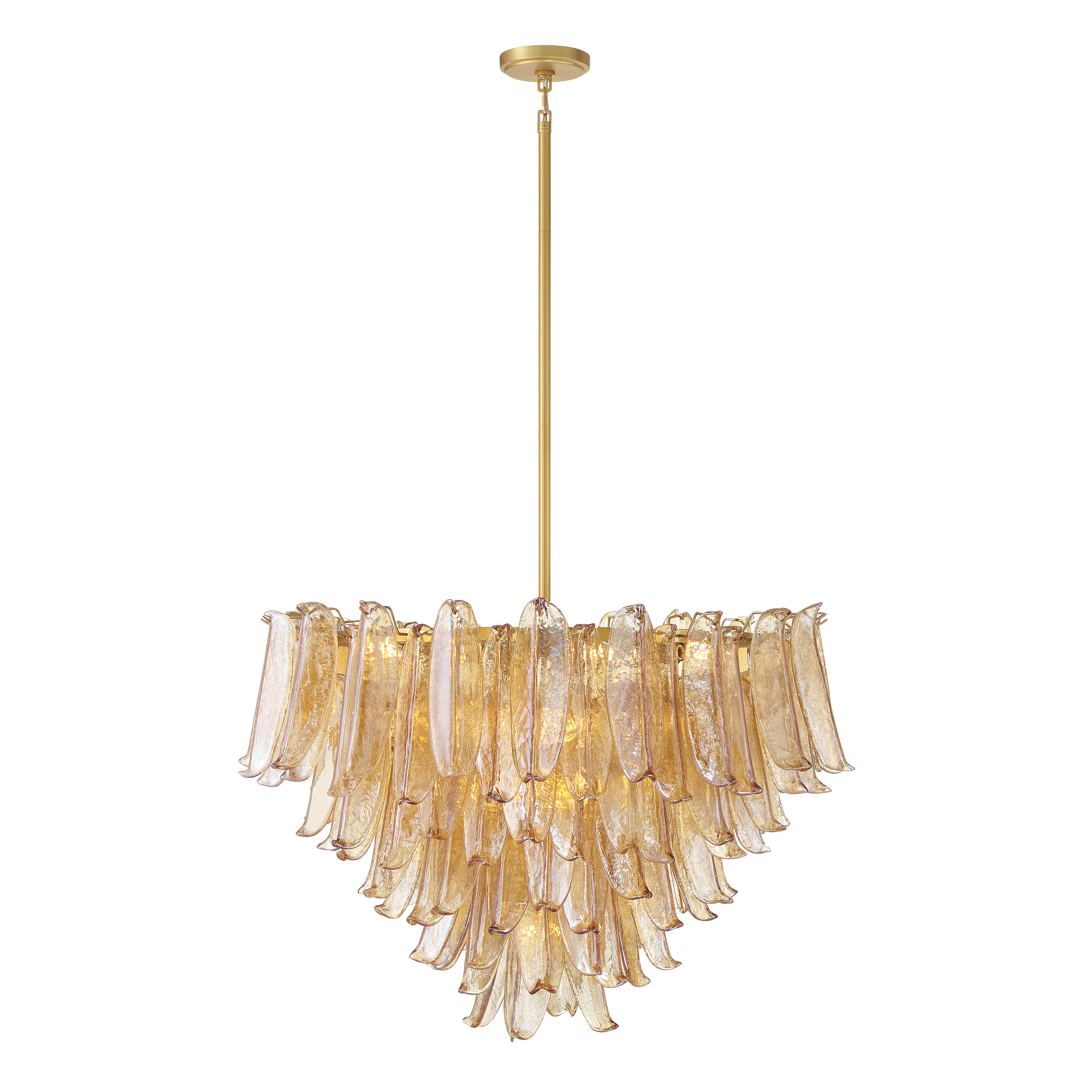 The Regent chandelier makes a dramatic statement with 17 candelabra lights arranged across a generous 36.75-inch frame. Legacy Brass finish paired with amber crackled glass shades creates warm, inviting illumination perfect for formal dining rooms and grand entryways. - alternate view