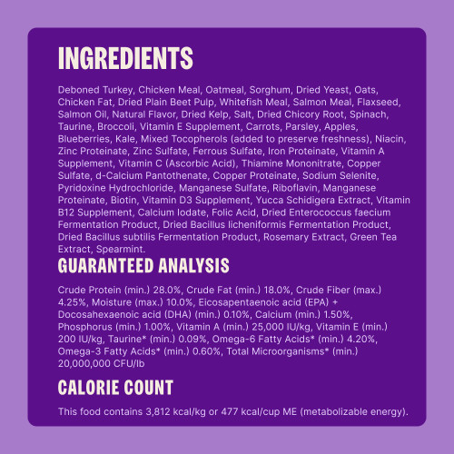 Deboned Turkey, Chicken Meal, Oatmeal, Sorghum, Dried Yeast, Oats, Chicken Fat, Dried Plain Beet Pulp, Whitefish Meal, Salmon Meal, Flaxseed, Salmon Oil, Natural Flavor, Dried Kelp, Salt, Dried Chicory Root, Spinach, Taurine, Broccoli, Vitamin E Supplement, Carrots, Parsley, Apples, Blueberries, Kale, Mixed Tocopherols (added to preserve freshness), Niacin, Zinc Proteinate, Zinc Sulfate, Ferrous Sulfate, Iron Proteinate, Vitamin A Supplement, Vitamin C (Ascorbic Acid), Thiamine Mononitrate, Copper Sulfate, d-Calcium Pantothenate, Copper Proteinate, Sodium Selenite, Pyridoxine Hydrochloride, Manganese Sulfate, Riboflavin, Manganese Proteinate, Biotin, Vitamin D3 Supplement, Yucca Schidigera Extract, Vitamin B12 Supplement, Calcium Iodate, Folic Acid, Dried Enterococcus faecium Fermentation Product, Dried Bacillus licheniformis Fermentation Product, Dried Bacillus subtilis Fermentation Product, Rosemary Extract, Green Tea Extract, Spearmint.