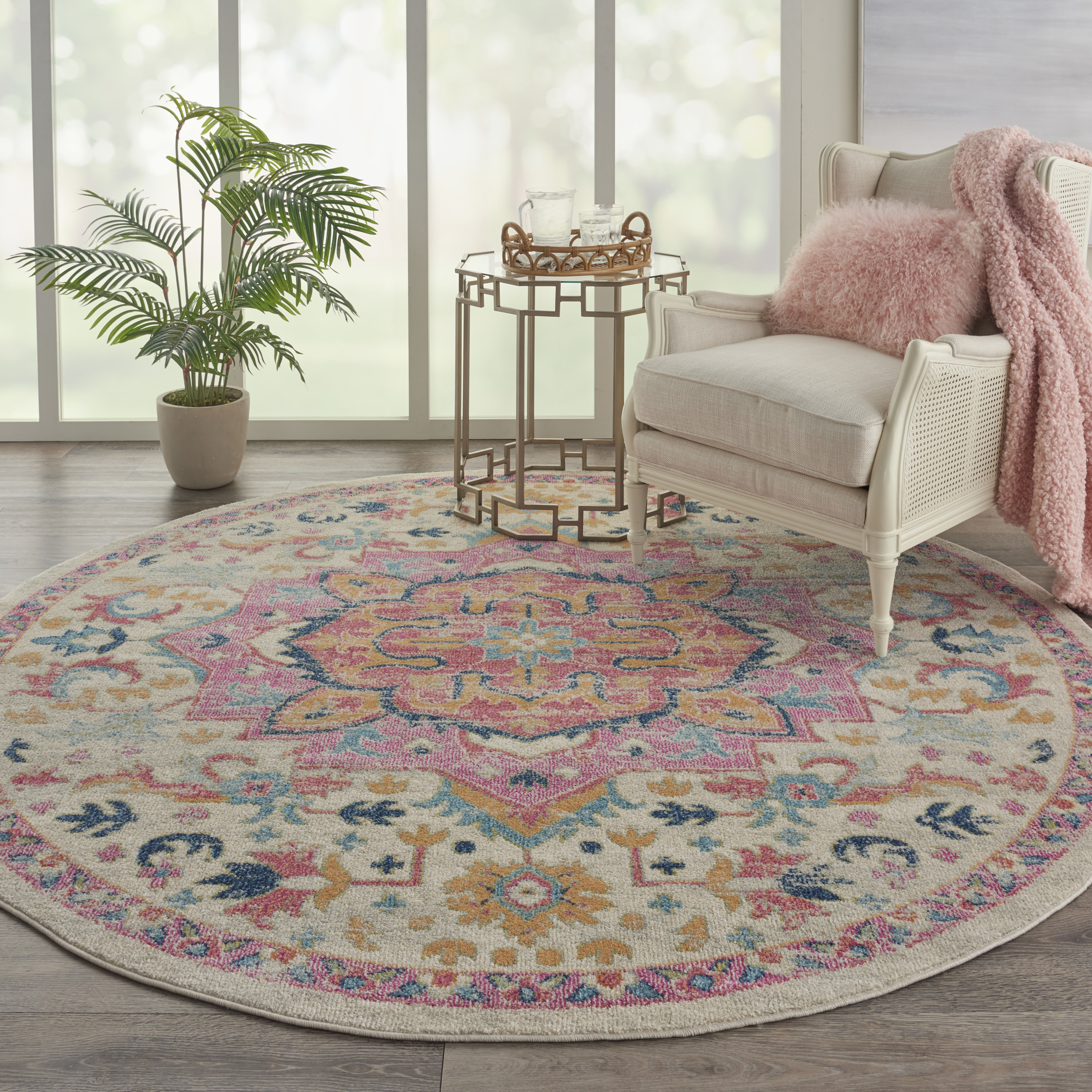 Nourison Passion 8' x Round Ivory Pink Bohemian Indoor Rug