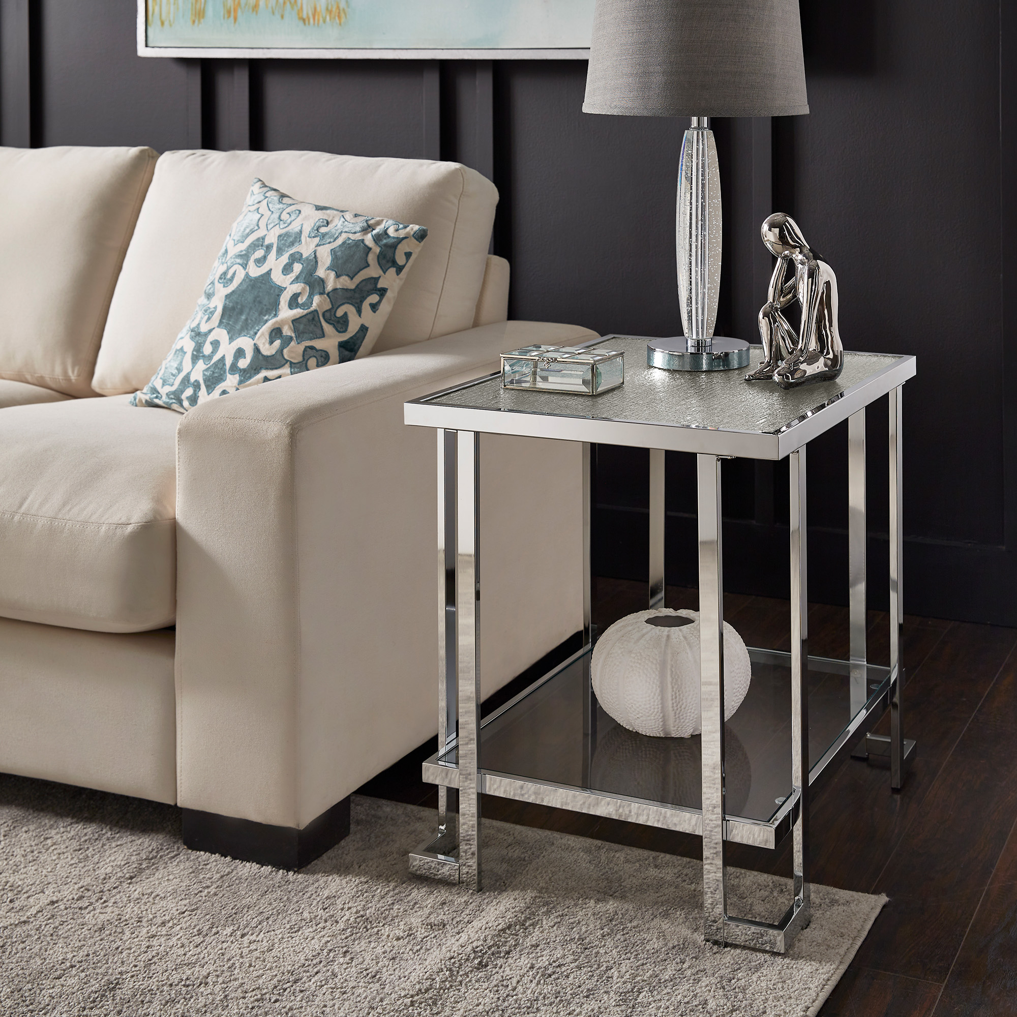 Chrome Finish End Table with Textured Glass Top