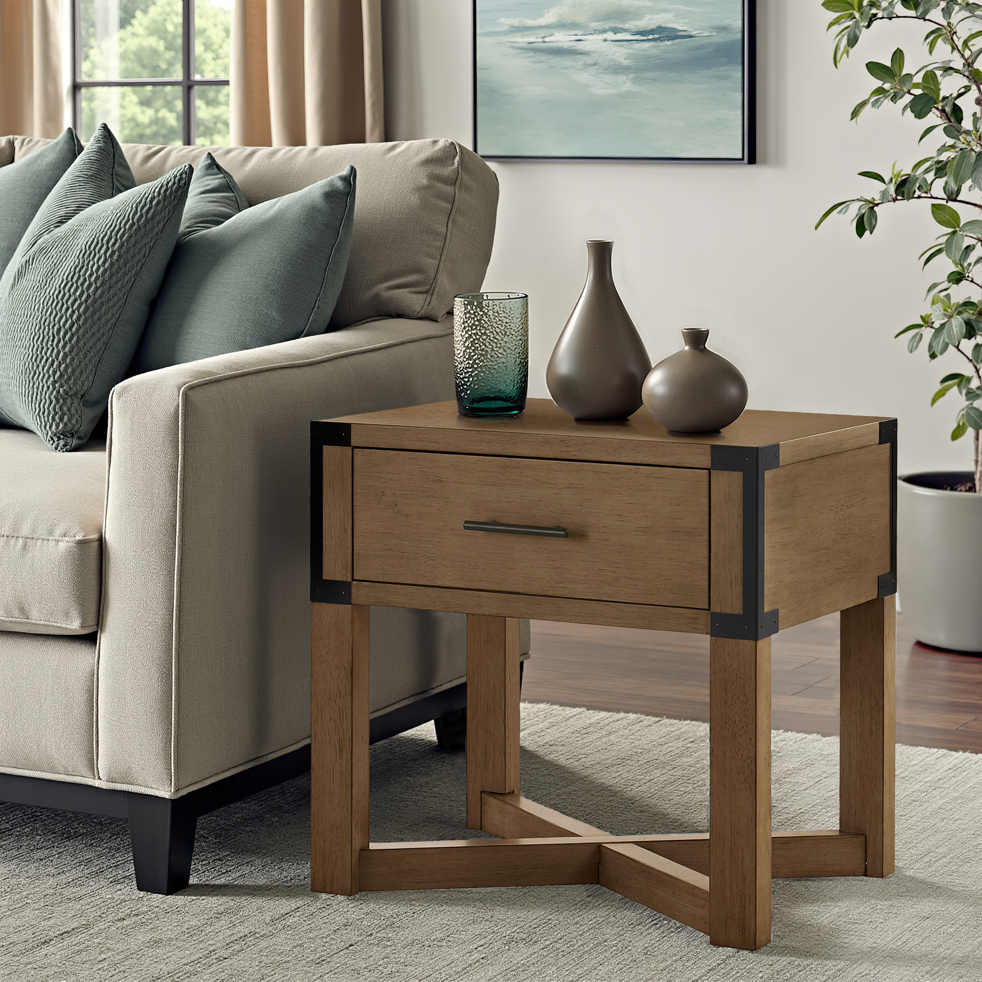 Wood Finish X-Base End Table with Drawer