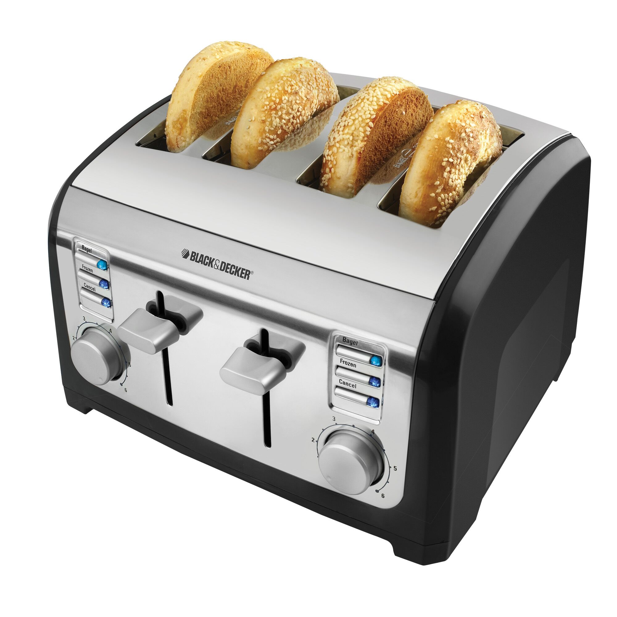 4-Slice Toaster with 4 slices of bagels one in each of the toaster slots