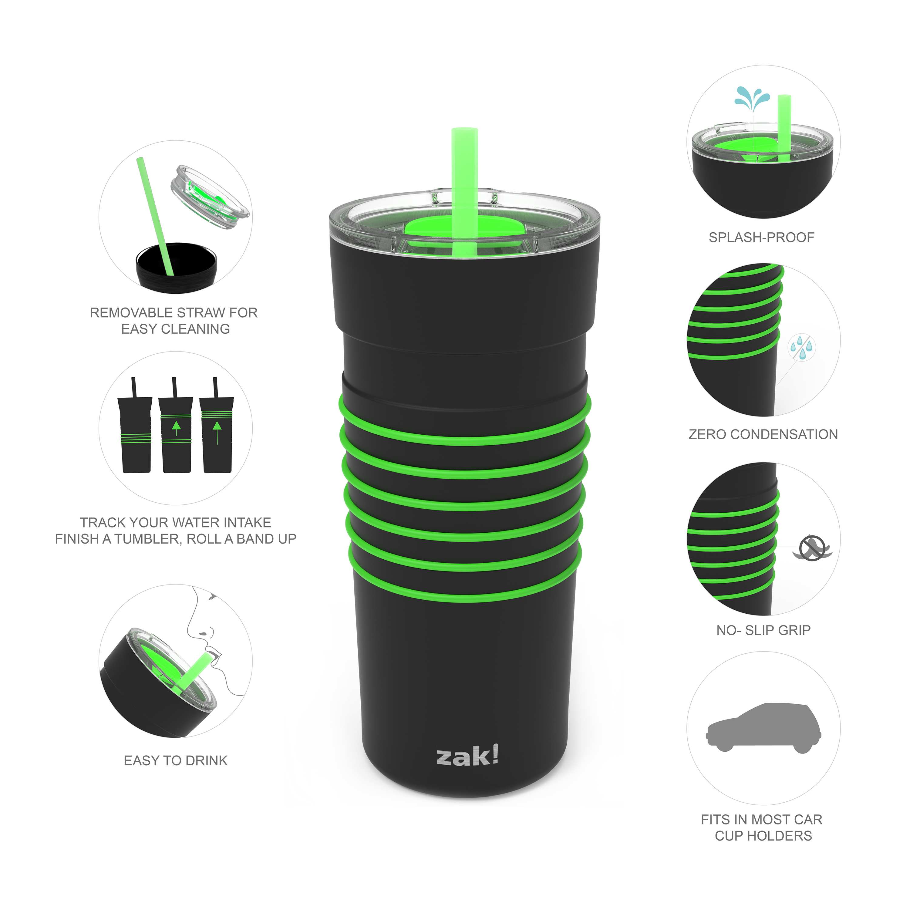 HydraTrak 20 ounce Vacuum Insulated Stainless Steel Tumbler, Black with Green Rings slideshow image 3 HydraTrak 20 ounce Vacuum Insulated Stainless Steel Tumbler, Black with Green Rings slideshow image 3