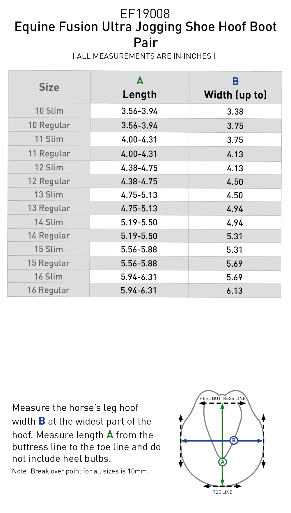 Size chart for Equine Fusion Ultra Jogging Shoe Hoof Boot Pair - Black