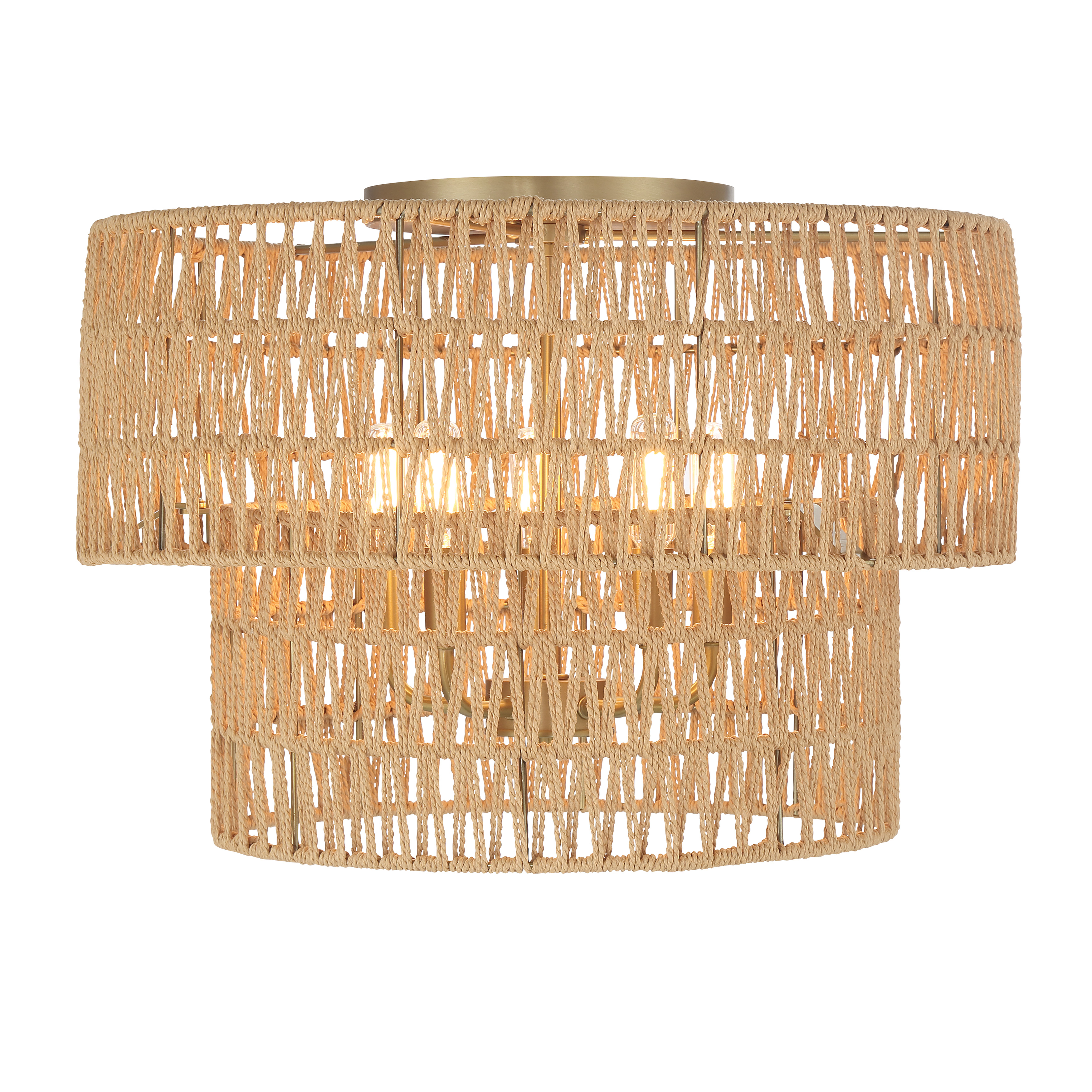 The Bungalow Heaven flush mount combines soft brass metalwork with organic papyrus rope for a relaxed, coastal aesthetic. Its 14" height and 20" width make it ideal for smaller spaces needing ambient lighting with character. - alternate view