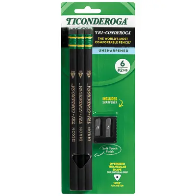 Ticonderoga Tri-Conderoga Wood-Cased Pencils with Sharpener, #2HB Soft, With Erasers, Soft Touch Black, 6 Count