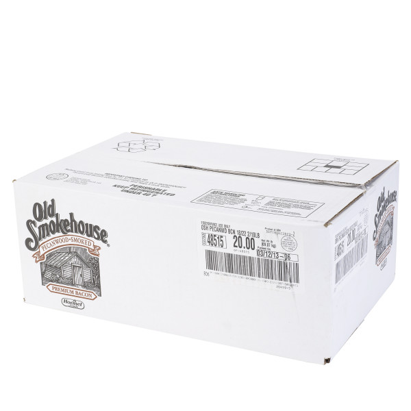 OLD SMOKEHOUSE(r) Bacon, Pecanwood Smoked, 18/22 slice, 2/10lb. . C1RA - Front Right Closed Case (Hi Res)