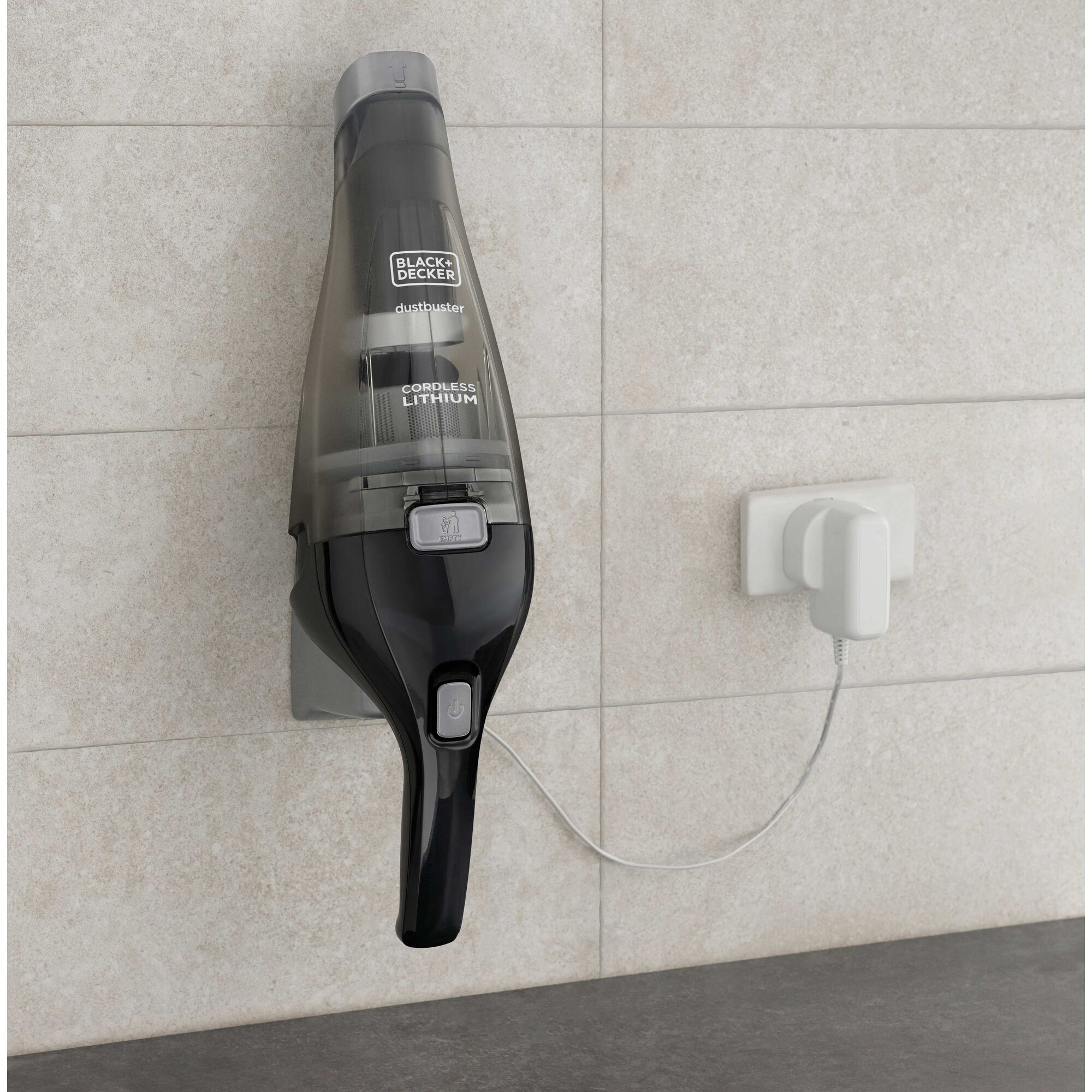 Wall mountable charging feature of dustbuster QuickClean cordless hand vacuum.