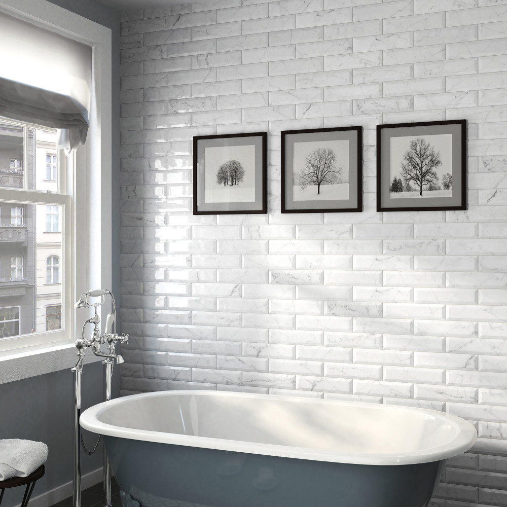 Classico Carrara Glossy Metro 3 in. x 12 in. Ceramic Wall Tile