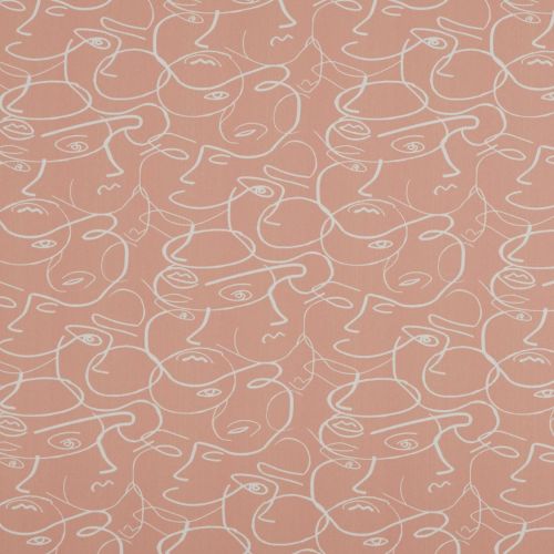 Muted peach fabric printed with overlapping continuous-line white faces; pattern repeats across the surface, close-up flat view with even lighting, abstract decorative textile.