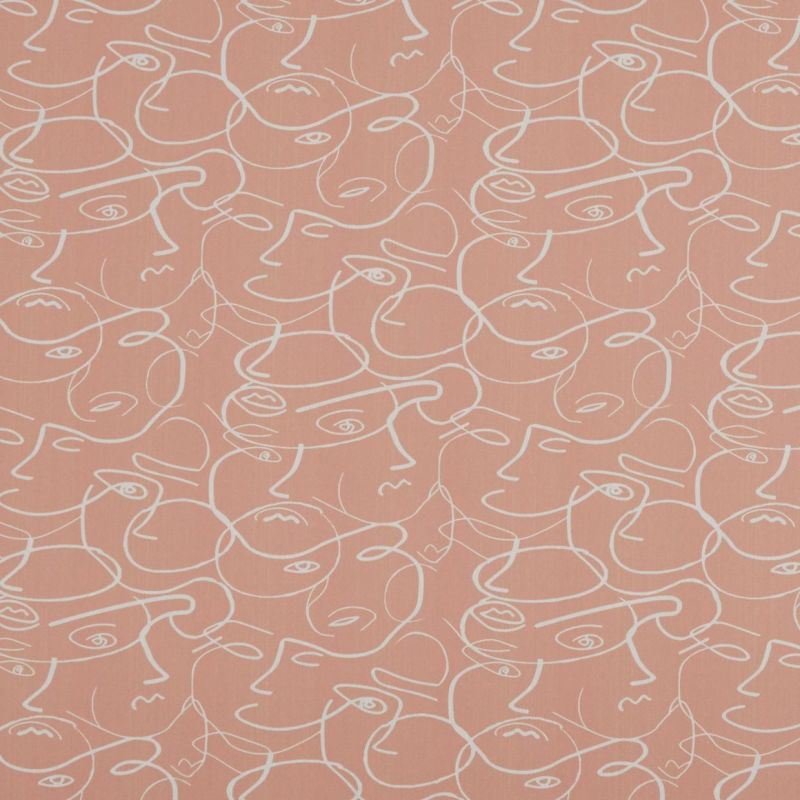 Muted peach fabric printed with overlapping continuous-line white faces; pattern repeats across the surface, close-up flat view with even lighting, abstract decorative textile.