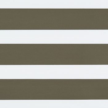 Zebra-style horizontal blinds showing alternating wide olive-gray opaque and white bands, aligned flat and covering an unseen window, creating a patterned screen in even, neutral lighting.