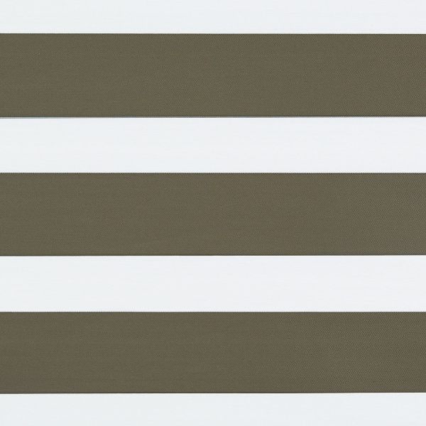 Zebra-style horizontal blinds showing alternating wide olive-gray opaque and white bands, aligned flat and covering an unseen window, creating a patterned screen in even, neutral lighting.