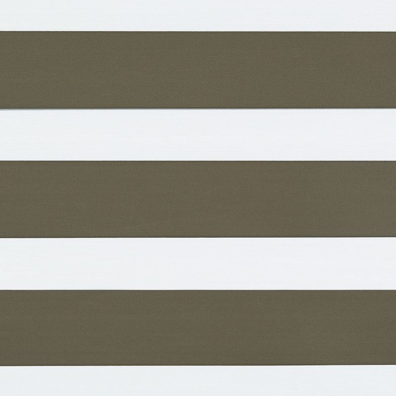 Zebra-style horizontal blinds showing alternating wide olive-gray opaque and white bands, aligned flat and covering an unseen window, creating a patterned screen in even, neutral lighting.