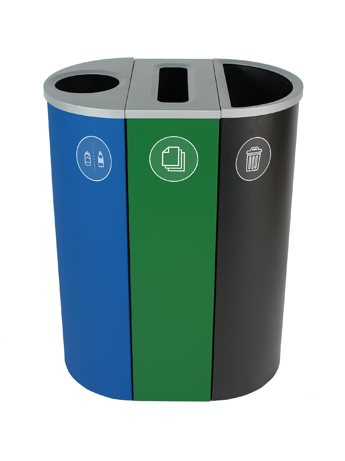 SPECTRUM – Triple – Kit – Cans & Bottles-Paper-Waste – Circle-Slot-Full – Blue-Green-Black