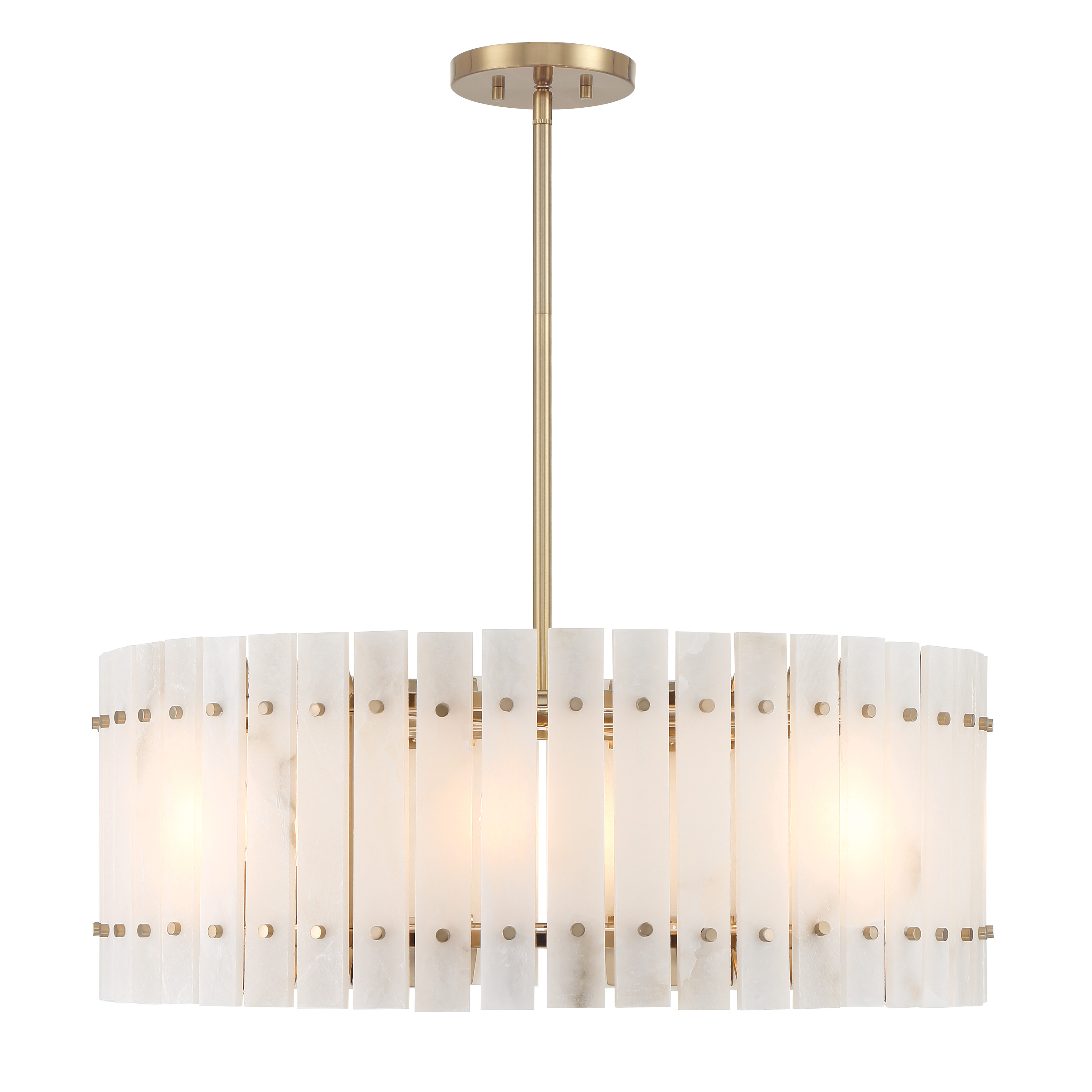 The Bardon 8 Light Pendant combines modern sophistication with timeless materials. Its elongated profile and warm Celeste Brass finish paired with natural alabaster panels create a refined focal point perfect for dining areas and kitchen islands. - alternate view