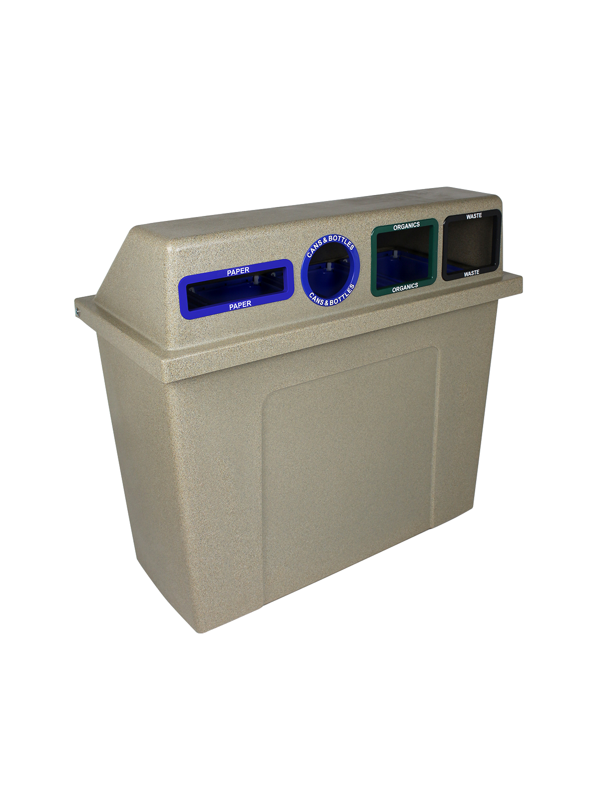 SUPER SORTER – Quad – Kit – Hd – Paper-Cans & Bottles-Organics-Waste – Slot-Circle-Full-Full – Sandstone-Blue-Blue-Green-Black