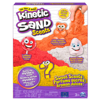 Kinetic Sand, Sweet Scents 4-Pack with 2lb of Sour Gummy, Lollipop, Cotton Candy and Mystery Scented Sand, Play Sand Sensory Toys for Kids Aged 3 and Up