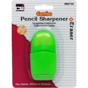 Pencil Sharpener/Eraser Combo, 1 Hole with Eraser, Plastic, with Receptacle, Assorted Colors