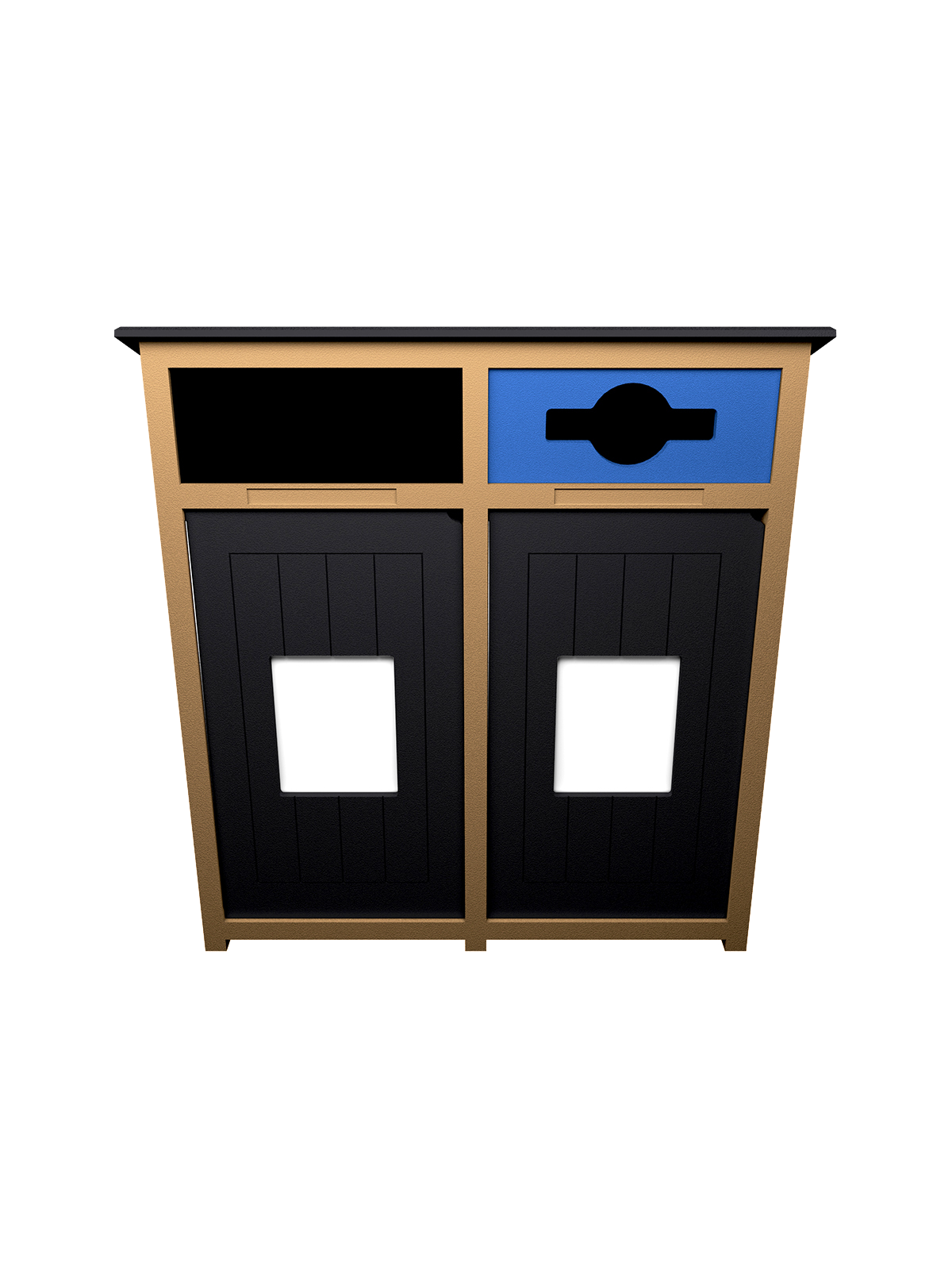 Busch Systems Aspyre Collection Aura Series double in cedar and black with blue and black doors opening with door signs