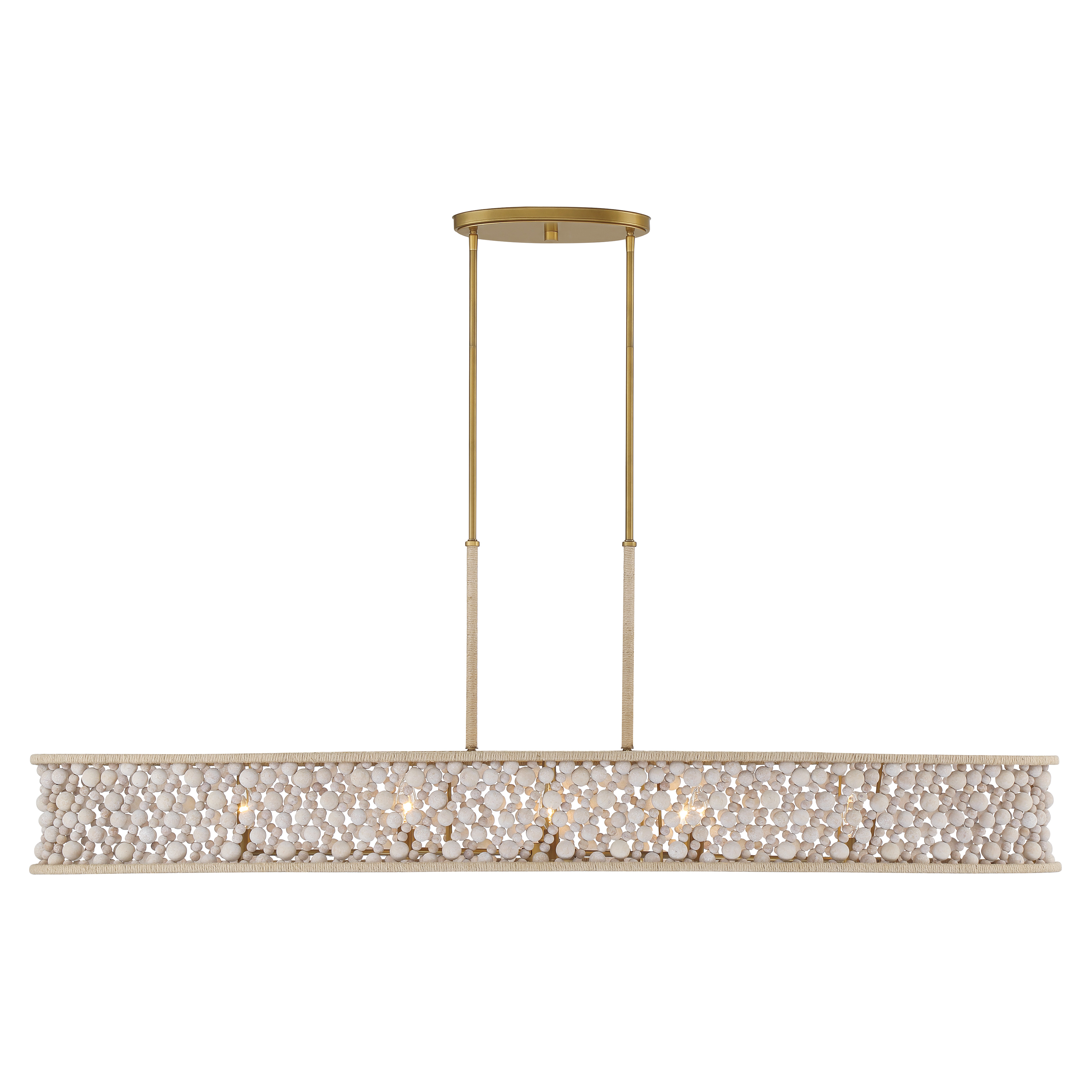 The Horsmore brings organic warmth to modern spaces with its 62-inch linear design featuring bleached wooden beads and painted legacy brass accents. Eight candelabra bulbs provide ample illumination while the natural materials create a relaxed, coastal aesthetic perfect for kitchen islands and dining areas. - alternate view