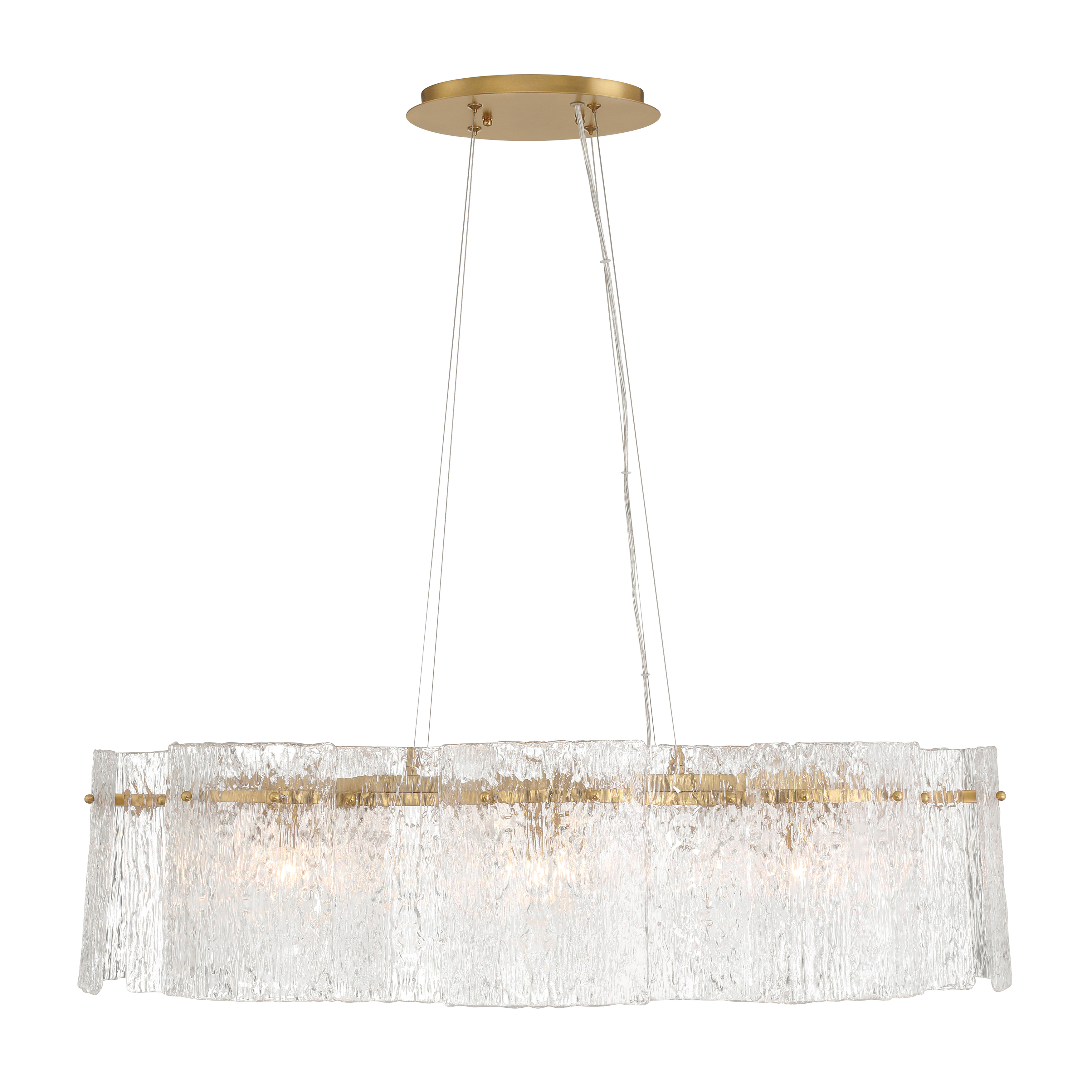 The Brookstreet 8-Light Pendant makes a bold statement with its 43-inch linear design, combining Legacy Brass metalwork with handmade glass shades. Perfect for large dining rooms and kitchen islands, this fixture delivers both ambient and task lighting. - alternate view
