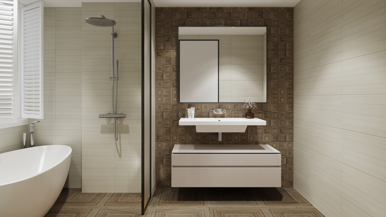 Minke Brown Intarsio Deco 24x24 in Matte and Textured and White 12x24