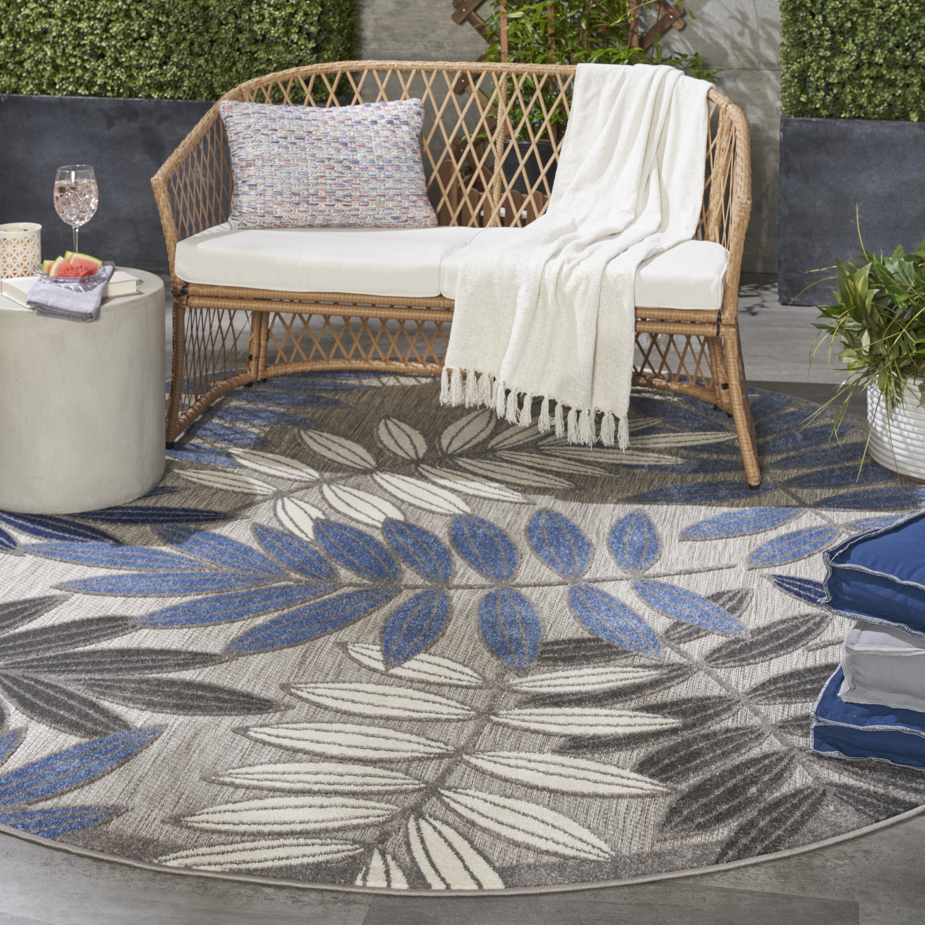 Nourison Aloha 7'10" x Round Grey Blue Tropical Rug