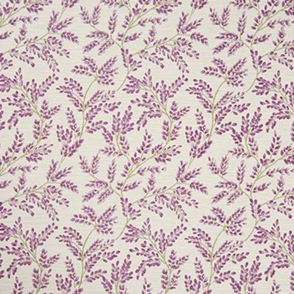 Wallpaper with a repeating botanical pattern of lavender-purple sprigs on a cream background, covering a flat wall surface; delicate green stems, evenly spaced, forming a soft, vintage floral motif.