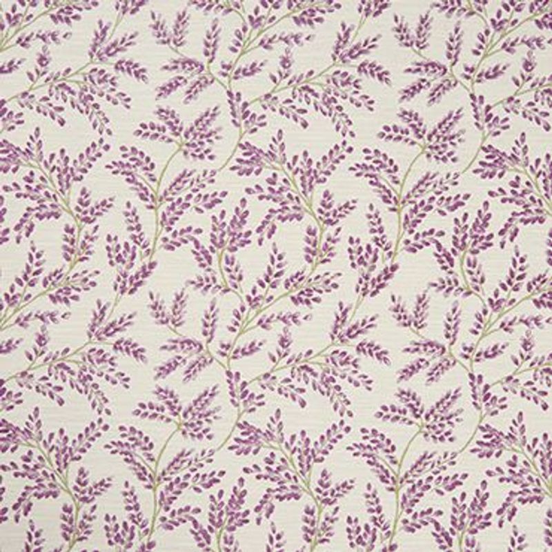 Wallpaper with a repeating botanical pattern of lavender-purple sprigs on a cream background, covering a flat wall surface; delicate green stems, evenly spaced, forming a soft, vintage floral motif.