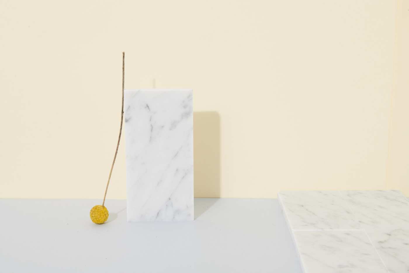 a white marble tile with a yellow flower on it leaning against a yellow wall.