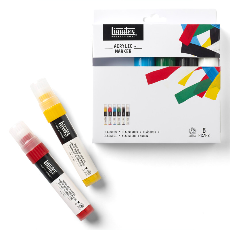 Professional Acrylic Paint Marker, Wide Chisel Nib, 15 mm, Classic Colors, Set of 6