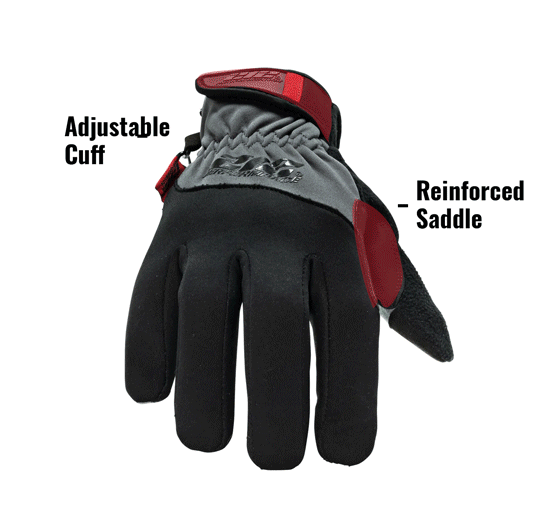 Fleece Lined Tundra Touchscreen Screen Gloves in Black and Gray TUNF showing Adjustable Cuff and Reinforced Saddle