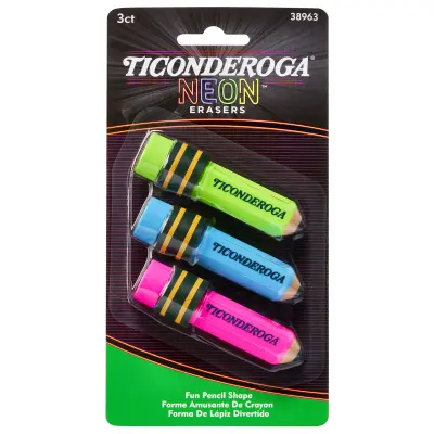 Ticonderoga Pencil Shaped Erasers, Neon, 3 Count