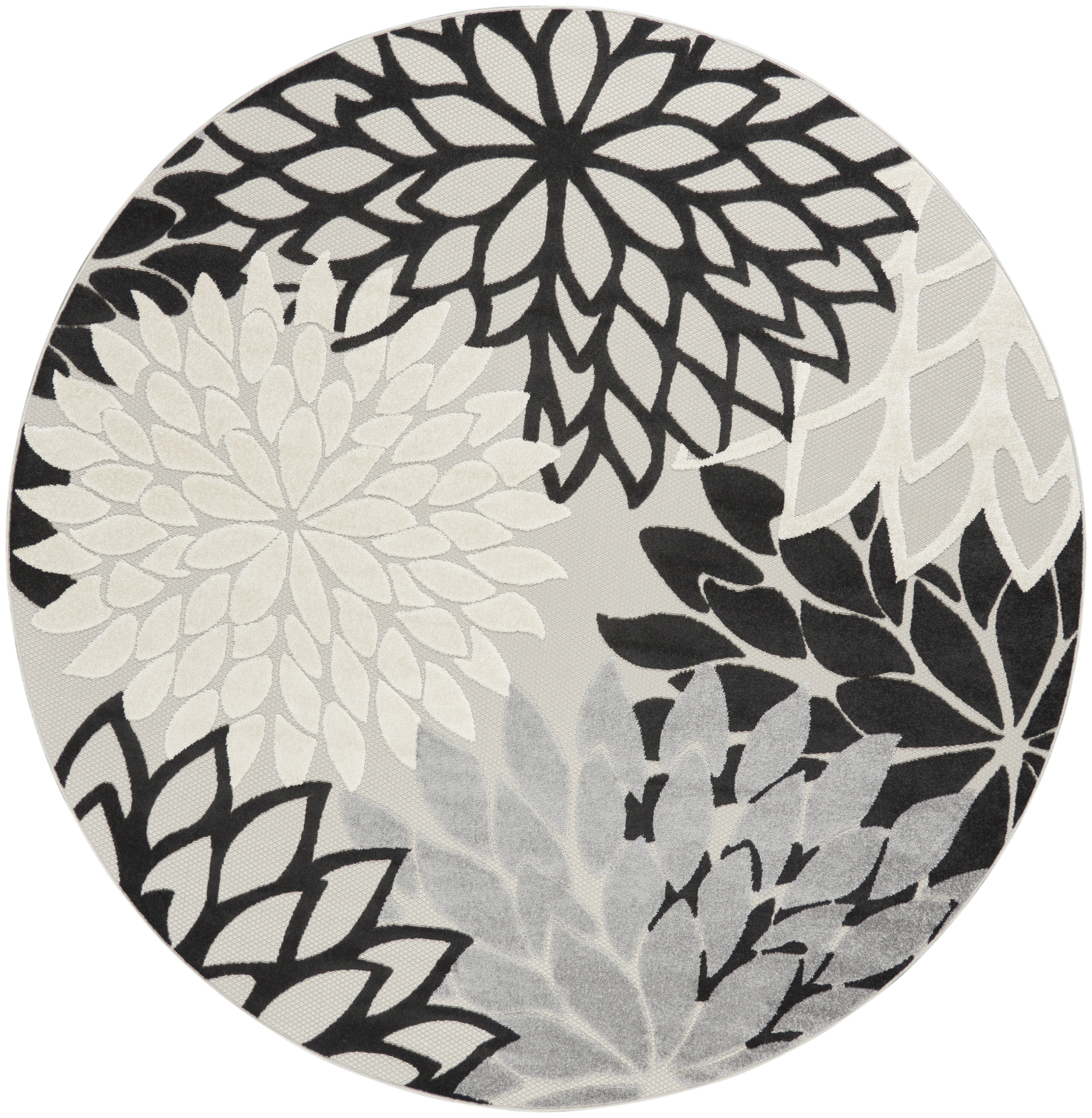 Nourison Aloha 7'10" x Round Black White Tropical Rug