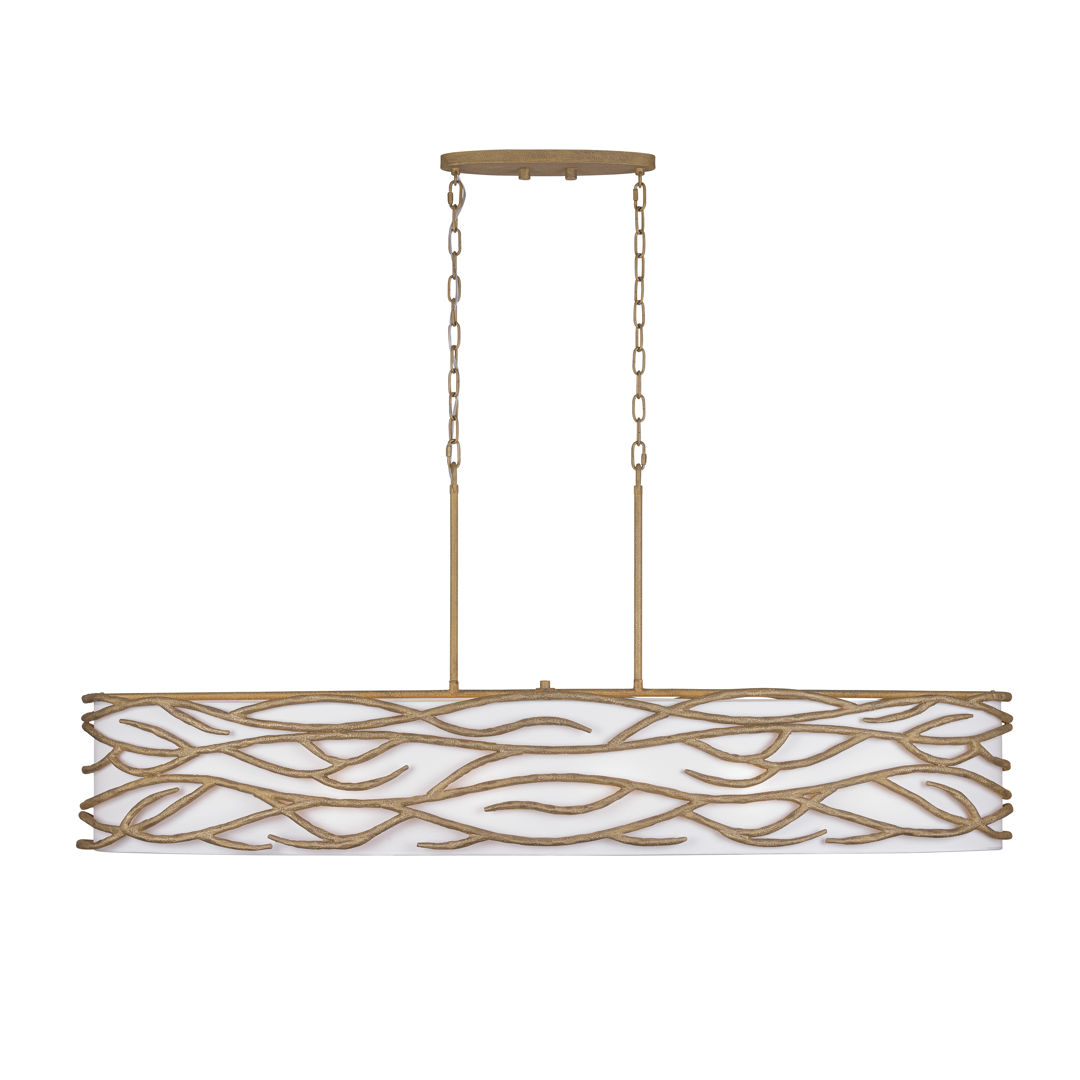 The Branch Reality brings sophisticated drama to large spaces with its 60-inch linear design and 10 candelabra lights. The Ashen Gold finish paired with white fabric shades creates a warm, inviting glow perfect for modern interiors. - alternate view