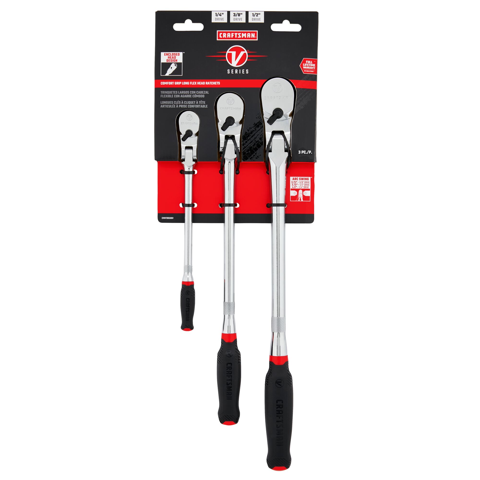 V series quarter inch three eighth inch and half inch drive comfort grip long flex head ratchet in packaging. 3 pack