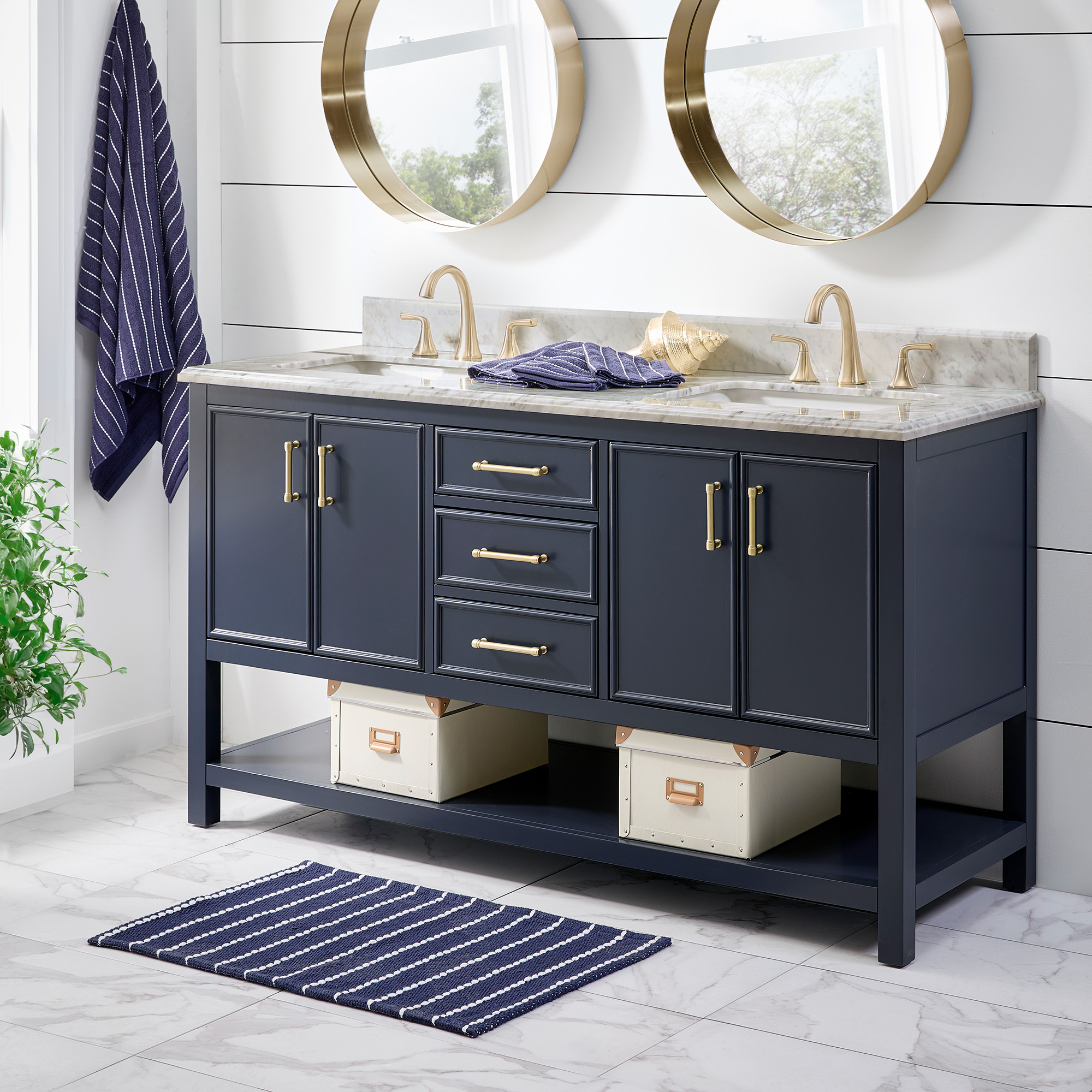 Bathroom Sink Vanity with White Marble Veneer Stone Top