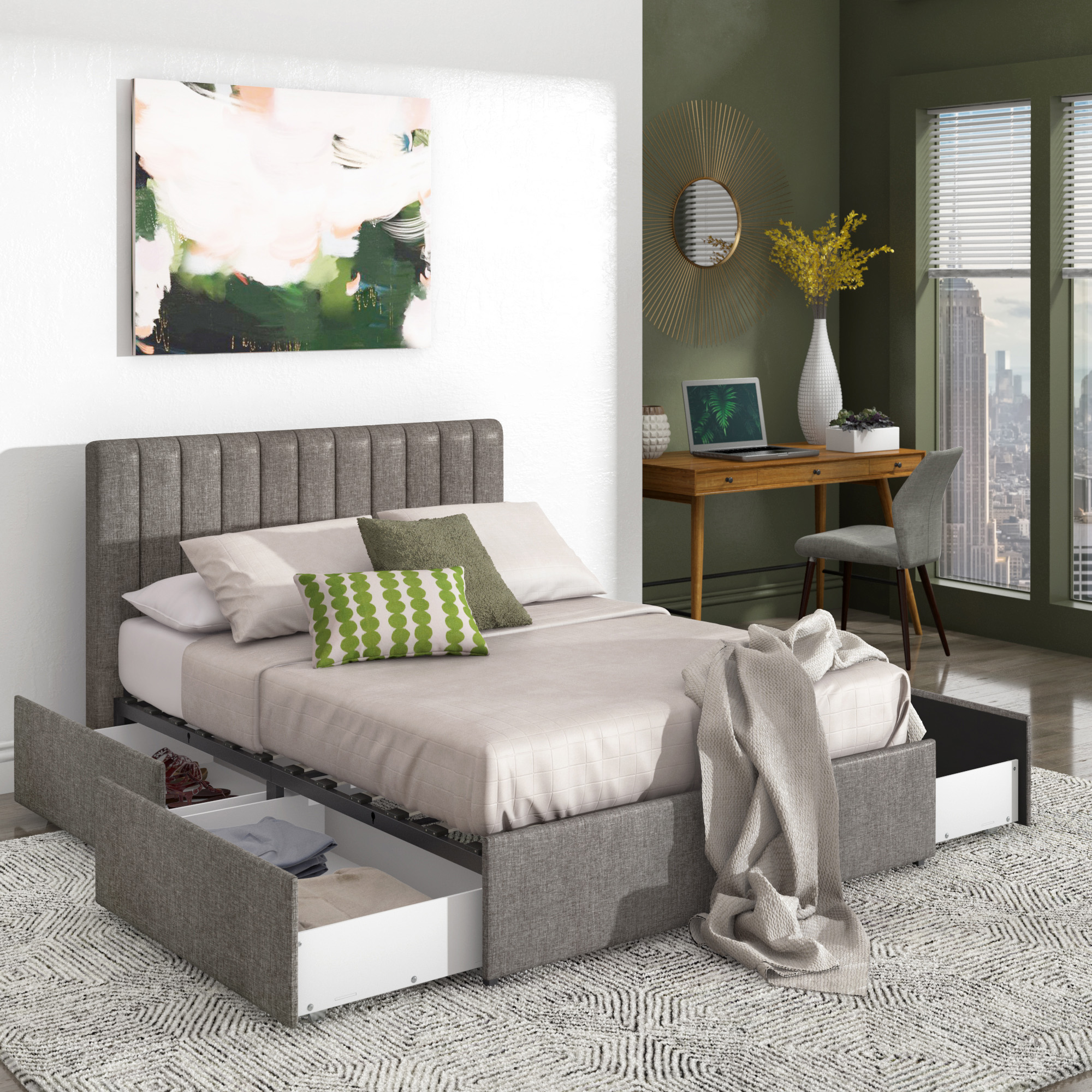 Grey Linen Upholstered Storage Platform Bed with Channel Headboard