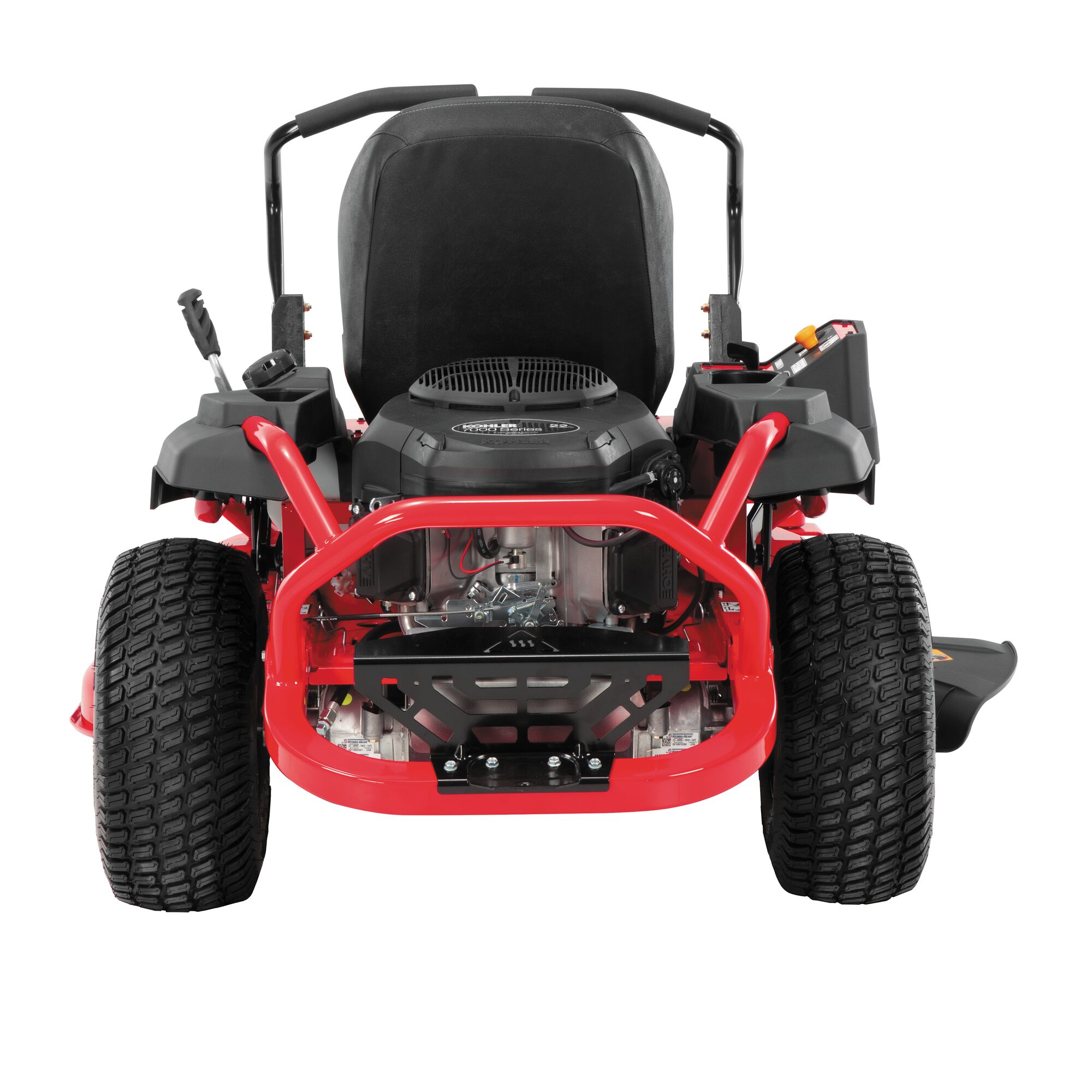 Front view of 22 h p 46 inch zero turn riding mower.