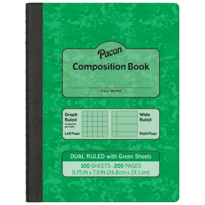 Pacon  Dual Ruled Composition Book, Green, 1/4 in grid  and 3/8 in (wide) 9-3/4