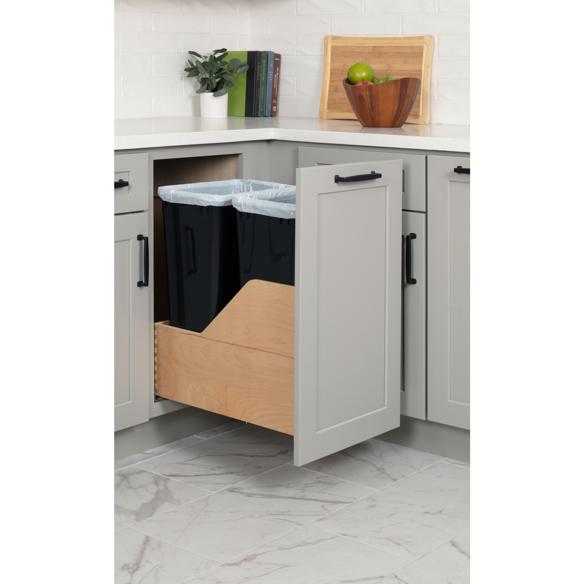 Double 50 Quart Wood Bottom-Mount Soft-close Trashcan Rollout for Door Mounting, Includes Two Black Cans