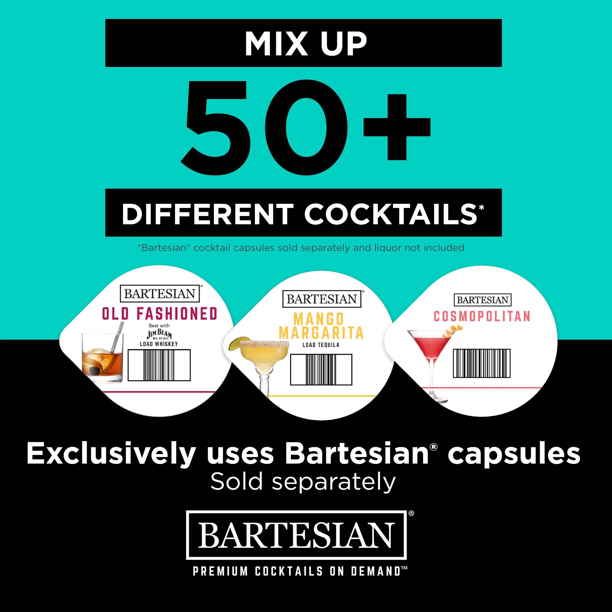 Bartesian logo and 3 cocktail capsules with text that reads, 