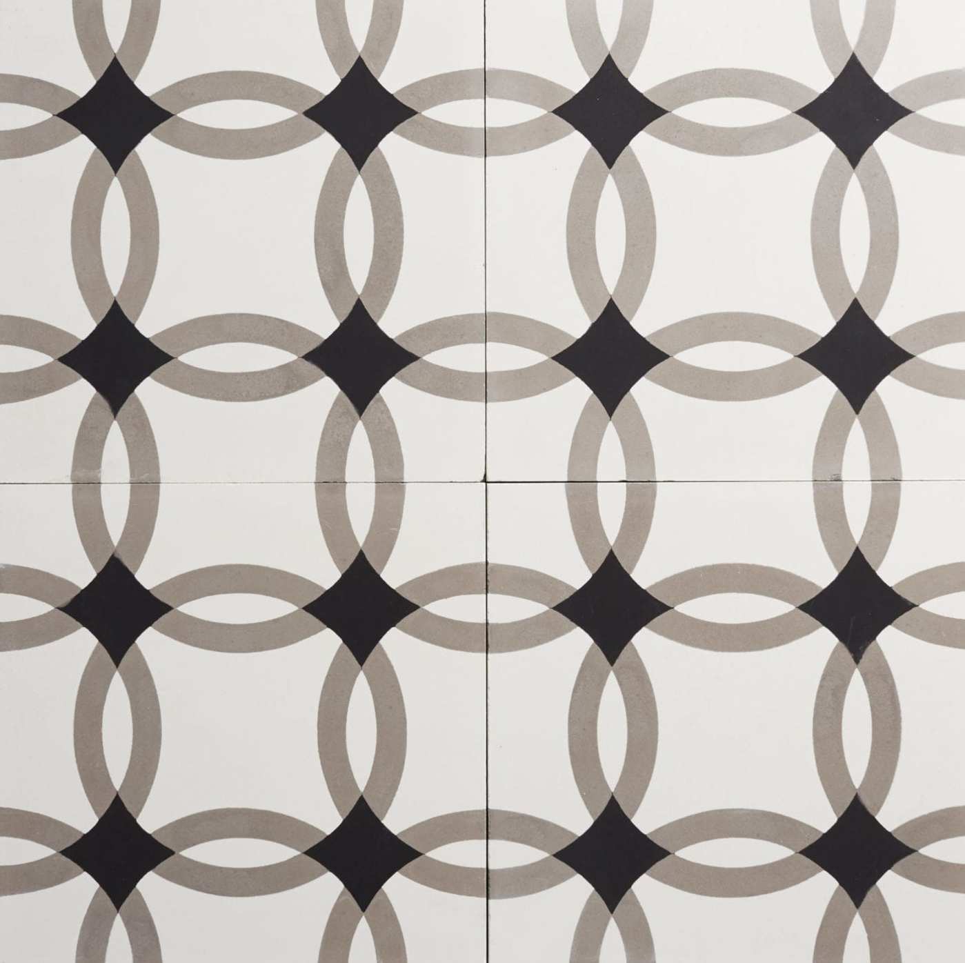 four black and white tiles with overlapping circles on them.