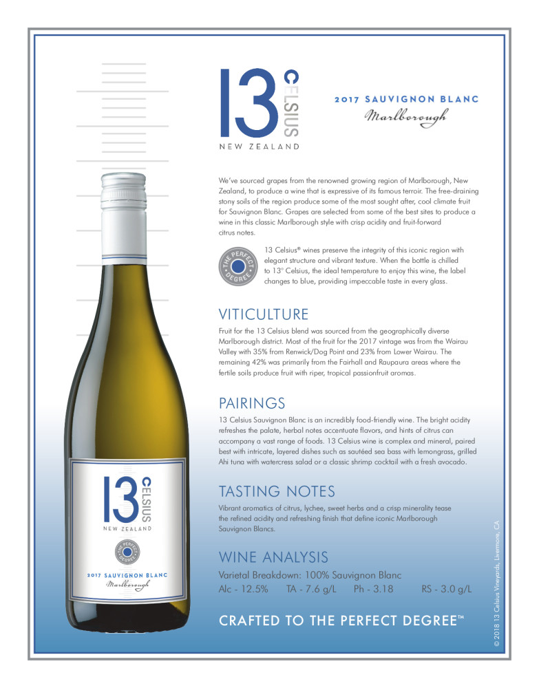 13 Celsius® Sauvignon Blanc 750ml, 2018 Marlborough, New