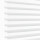 White horizontal sheer zebra blinds mounted over a window, alternating opaque and translucent bands; partially closed, filtering bright daylight into a minimal, evenly lit interior.