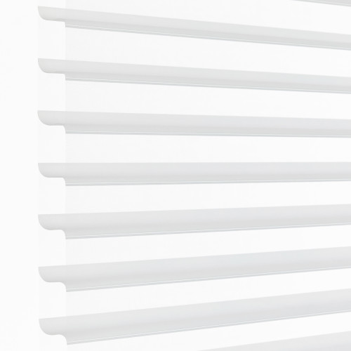 White horizontal sheer zebra blinds mounted over a window, alternating opaque and translucent bands; partially closed, filtering bright daylight into a minimal, evenly lit interior.