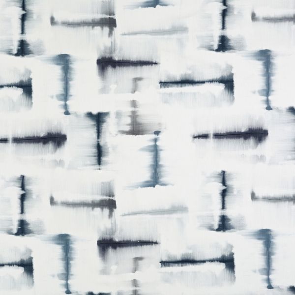 Abstract fabric or wallpaper patterned with horizontal and vertical indigo brushstrokes — blurred, bleeding edges — forming a loose grid on a soft white background with cool gray-blue tones.