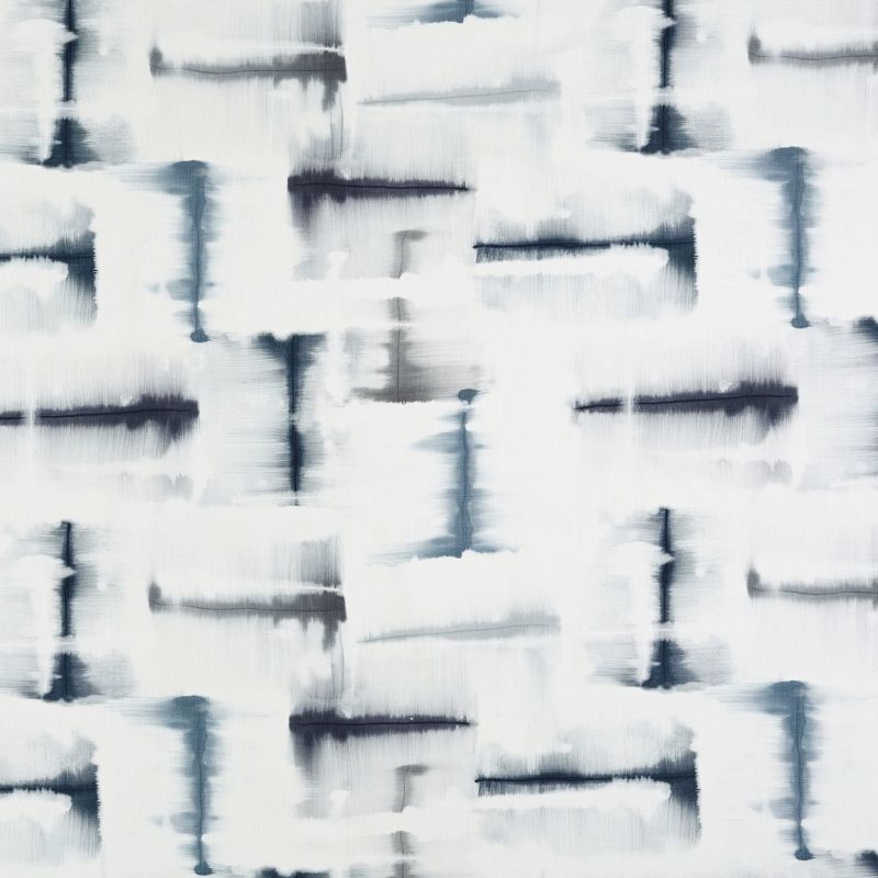 Abstract fabric or wallpaper patterned with horizontal and vertical indigo brushstrokes â€” blurred, bleeding edges â€” forming a loose grid on a soft white background with cool gray-blue tones.